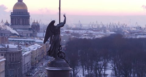 Aerial view  of  Saint Petersburg city through the Angel on top of Alexander Column in the Palace Square. Russia.