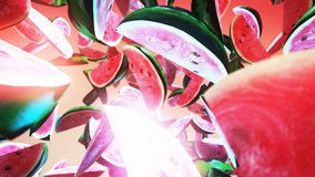 Falling watermelon on pink background. Close up. 4K