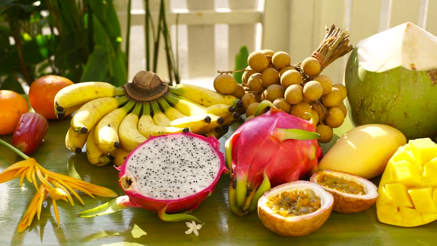 Exotic Tropical Fruit On Table Stock Footage Video (100% Royalty 