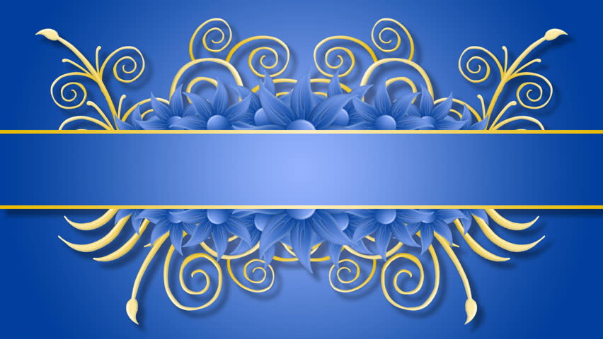 Growing golden title frame on blue background with flowers. HD CG animation.