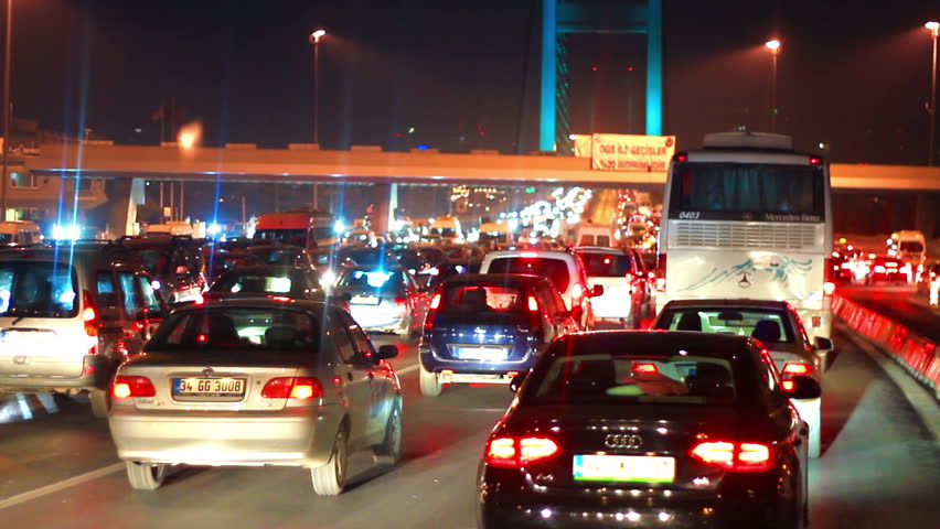 ISTANBUL - FEBRUARY 17: Traffic jam with rows of cars waiting to cross on