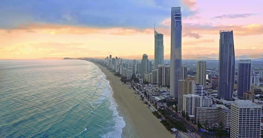 Aerial of the Surfers Paradise skyline on Queensland's Gold Coast at sunset, Australia Royalty-Free Stock Footage #24305438
