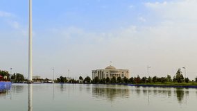 15 August 2014, Palais des Nations and flagpole with a flag The highest flagpole in the world Dushanbe, Tajikistan timelapse.