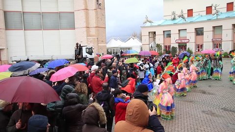 Viareggio, February 2017: Musical band with colorful costumes and dancers for celebrate the Carnival, on February 2017 in Viareggio, Tuscany, Italy
