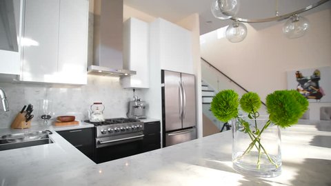 White modern kitchen in a house with a beautiful design