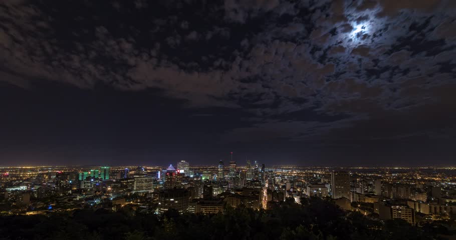 Wide angle Montreal Quebec, Canada Cityscape night time-lapse, from Mont Royal