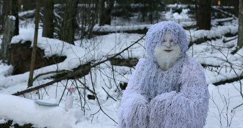 Yeti fairy tale character in winter forest. Outdoor fantasy 4K footage.