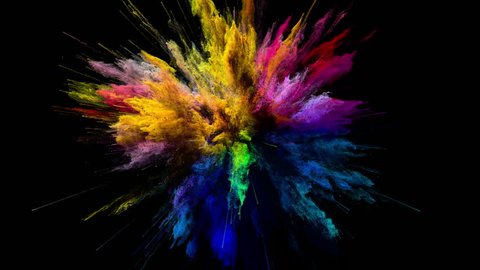Cg animation of color powder explosion on black background. Slow motion movement with acceleration in the beginning and orbiting camera. Has alpha matte.