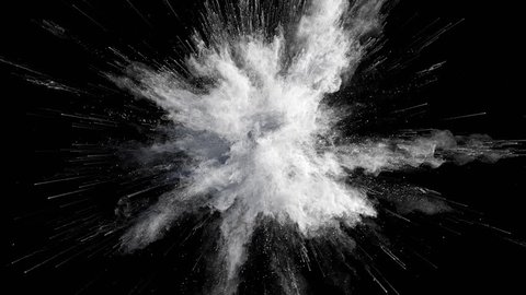 Cg animation of white powder explosion on black background. Slow motion movement with acceleration in the beginning. Has alpha matte.