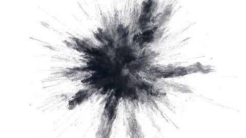 Cg animation of black powder explosion on white background. Slow motion movement with acceleration in the beginning. Has alpha matte.