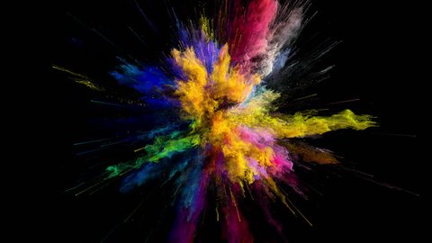 Cg animation of color powder explosion on black background. Slow motion movement with acceleration in the beginning. Has alpha matte