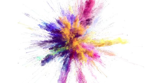 Cg animation of color powder explosion on white background. Slow motion movement with acceleration in the beginning. Has alpha matte Arkistovideo