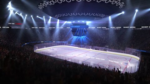 Hockey court with people fan. Sport arena. Ready to start championship. 3d render. Moving lights  Stock Video