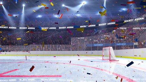Hockey court with people fan. Sport arena. Ready to start championship. 3d render. Moving lights Confetti and tinsel