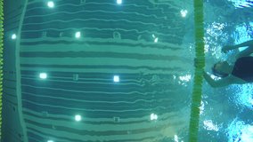 Swimmers swims in a pool 4k video. Underwater bottom view from the water. Diving and swimming training of man and woman. 