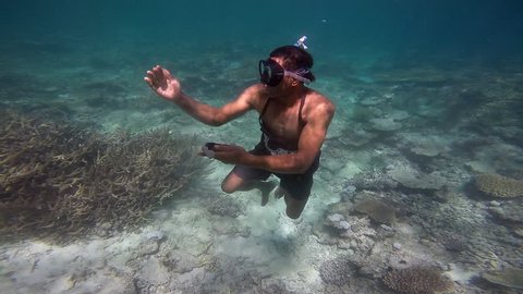 Indigenous Fijian man diving underwater and finding a sea cucumber on the sea floor and show it to a tourist in Fiji. Real people. copy space