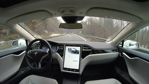 AUTONOMOUS TESLA CAR, FEBRUARY 2016:  Absolutely autonomous self-driving Tesla Model S autopilot and trully driverless car with empty seat and no driver. Next gen ultrasonic sensors, cameras and rada