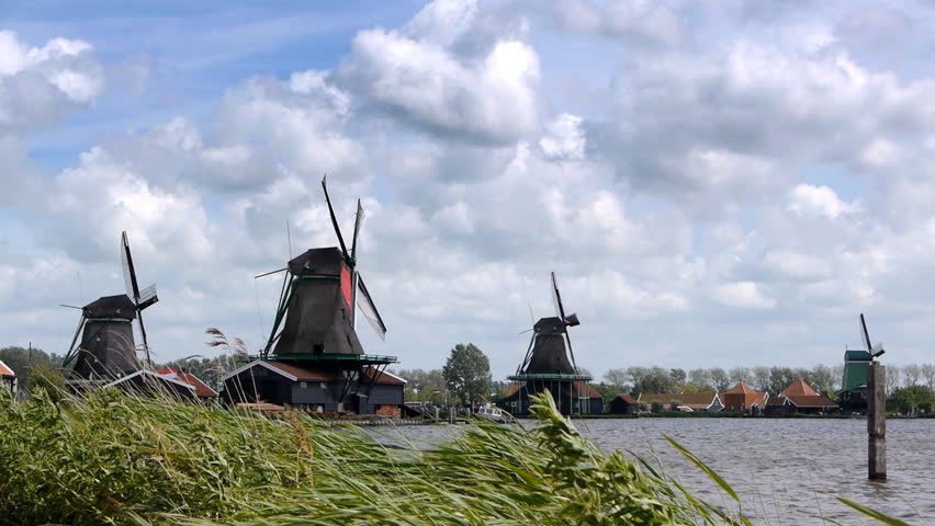 Panorama of Dutch wind mills at the Zaanse Schans in Holland