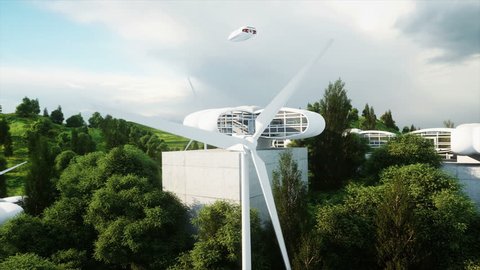 futuristic city, village. The concept of the future. Aerial view. Realistic 4k animation.