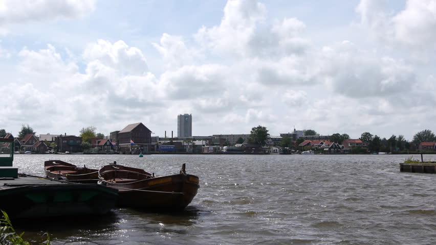 Panorama with canal and boats on the Zaan in the Netherlands
