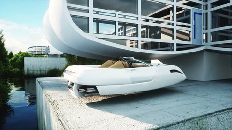 futuristic car flying over the city, village. House of the future. Aerial view. Realistic 4k animation.