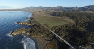 Cinema 4k aerial 270 degree view of the coast outside San Simeon town, at highway 1, ner Big sur coast, California, United states of america.