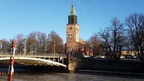 Handheld view on turku church, at a sunny, spring day, in Turku, Finland