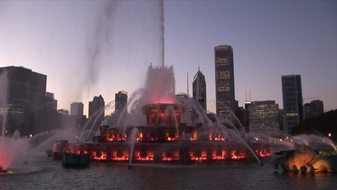 View of Buckingham Memorial Fountain at dusk in Chicago United States