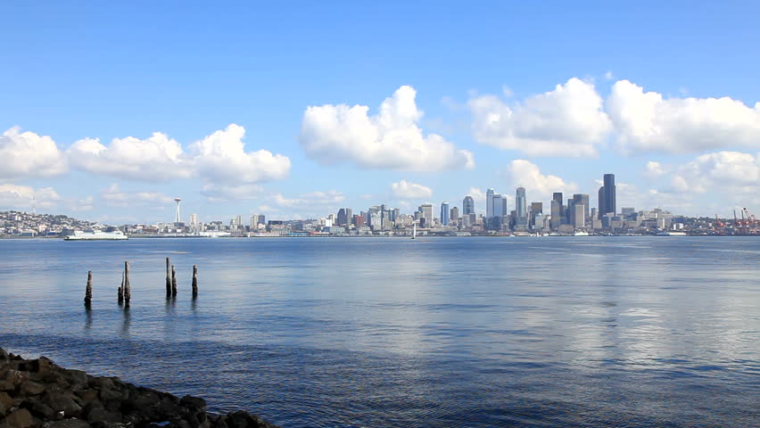 City of Seattle skyline view from West Seattle Alki Beach, Washington State, USA.