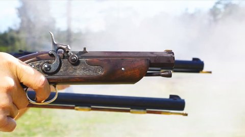 Blackpowder Muzzleloaders firing in slow motion, filmed at 120 fps, slowed to 1/4 natural speed. Period correct for Civil war or Revolutionary war. 18th or 19th century guns.