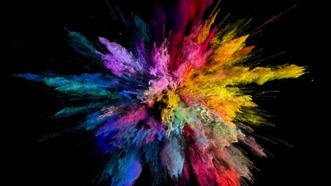 Cg animation of color powder explosion on black background. Slow motion movement with acceleration in the beginning. Has alpha matte - Βίντεο στοκ