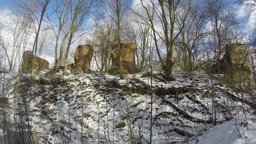 Old historical manor estate ruins covered winter snow, time lapse 4K

