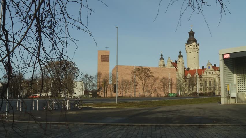 Wilhelm-Leuschner-Platz Leipzig (Germany), New city hall (Neues Rathaus), Railway station, Propsteikirche St. Trinitatis church, February 2017