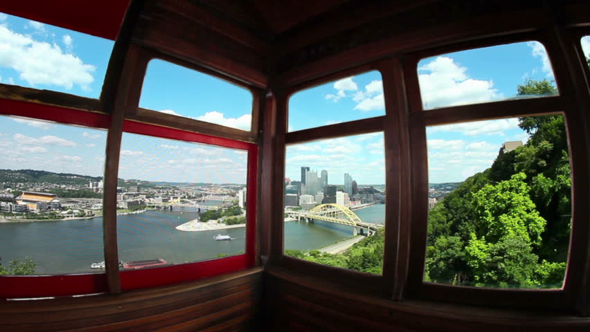 Fish eye view of looking out the windows of the Duquesne Incline in Pittsburgh,