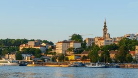 4K Day to Night timelapse zoom in motion video of Belgrade and the Danube river, Belgrade, Serbia