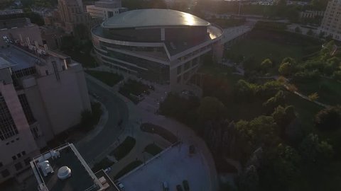 University of Pittsburgh Oakland Peterson Events Center Reveal of Pittsburgh in the backdrop Sunset Sunrise Aerial 4K