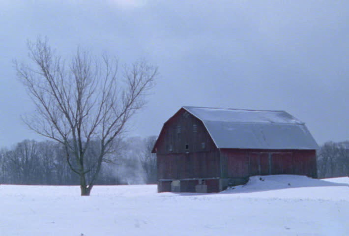 Barn in snowy field