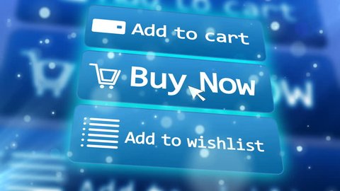 3 button of online shop and mouse arrow over them. Add to cart. Buy now. Add to wishlist. Concept of online internet shopping e-commerce.