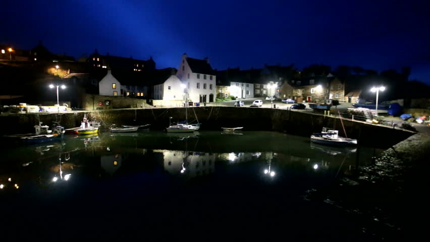 Crail, Scotland February 27: Boats in Crail harbour at night, Scotland 27th February 2017