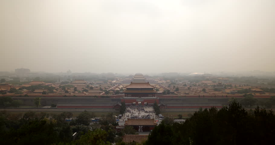 4K video of a smog covered Forbidden City in Beijing, China