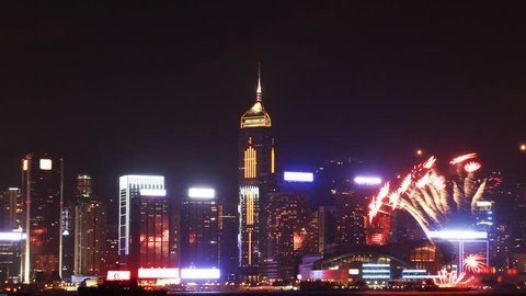 National Day Fireworks Display in Victoria Harbor, Hong Kong. (Time lapse)