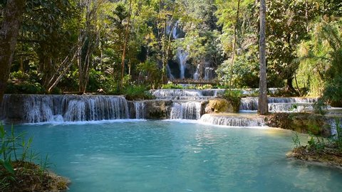 Cascade of beautiful Kuang Si waterfall (sometimes spelled Kuang Xi) or known as Tat Kuang Si Falls, South of Luang Prabang, Laos