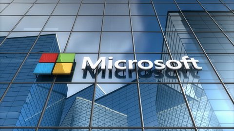 Editorial use only, 3D animation, Microsoft logo on glass building.