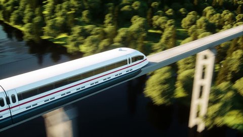 futuristic, modern train passing on mono rail. Ecological future concept. Aerial nature view. photorealistic 4K animation.