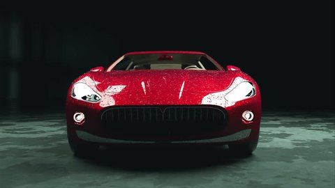 luxury red sport car with water drops. photorealistic 4K animation.