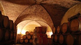 Barrels in a wine cellar at the Skoff winery in Gamlitz, Sudsteiermark, Austria