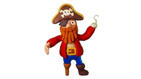 Funny Cartoon Pirate pointing and presenting or showing something. Clay animation. 4K