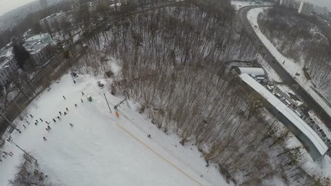 Aerial view of ski slope in Protasov Yar, Kiev, Ukraine, raw, 4K