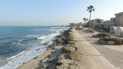 Israel Haifa Beach drone shoreline low fly