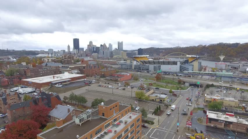 Pittsburgh Heinz Field North Shore Cloudy Fall Aerial 4K